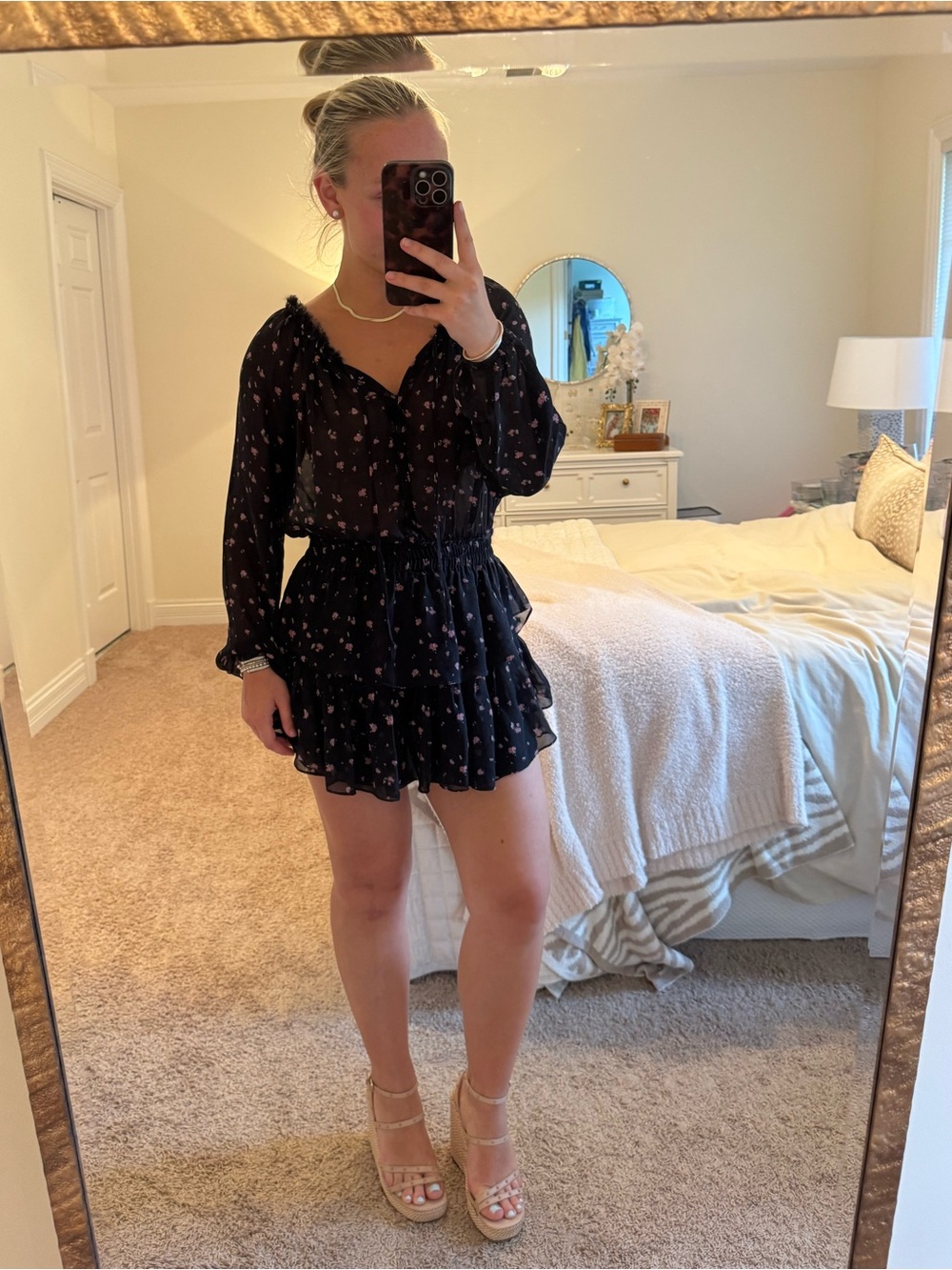 LoveShackFancy Black Floral Ruffle Long-Sleeve Mini Dress